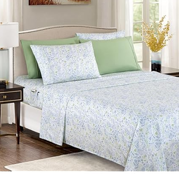 Laura Ashley Home - King Sheets, Soft Sateen Cotton Bedding Set - Sleek, Smooth, & Breathable Home Decor (Garden Palace Blue, 4 pieces,King)